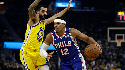 Philadelphia 76ers' Tobias Harris (12) drives the ball against Golden State Warriors' Mychael Mulder, left, during the first half of an NBA basketball game Saturday, March 7, 2020, in San Francisco.