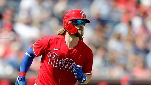Philadelphia Phillies' Bryce Harper rounds first base after his two-run home run during the first inning of a spring training baseball game against the Pittsburgh Pirates, Wednesday, March 4, 2020, in Clearwater, Fla. (AP Photo/Carlos Osorio)