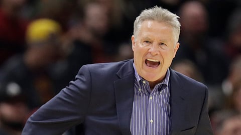 Sixers head coach Brett Brown gives instructions on Feb. 26 (Tony Dejak)
