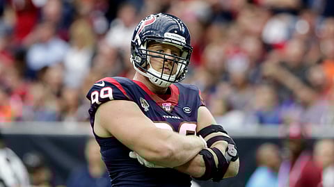 In this Oct. 27, 2019, file photo, Houston Texans defensive end J.J. Watt (99) reacts after a play against the Oakland Raiders during the first half of an NFL football game, in Houston. Next Monday, the Hall of Fame and the NFL will announce the roster for the 2010-19 All-Decade team.