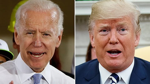 In this combination of file photos, former Vice President Joe Biden speaks in Collier, Pa., on March 6, 2018, and President Donald Trump speaks in the Oval Office of the White House in Washington on March 20, 2018. For a moment, West Virginia looked like it was going to be the only state in the country to allow betting on the presidential election.