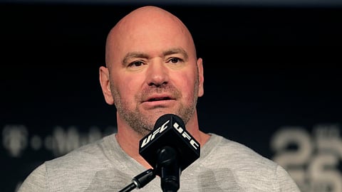 In this Nov. 2, 2018, file photo, UFC president Dana White speaks at a press conference in New York. The UFC is returning to competition on May 9 with three shows in eight days in Jacksonville, Florida. Dana White also plans to hold shows on May 13 and May 16 at the same arena in Florida. Only “essential personnel” will be in the arena, according to White.