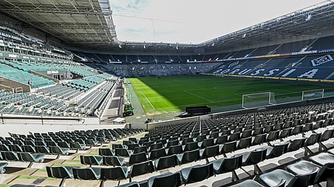 Empty seats are pictured at the stadium of German Bundesliga soccer club Borussia Moenchengladbach in Moenchengladbach, Germany, Thursday, April 16, 2020.