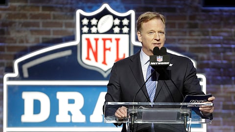 In this April 25, 2019, file photo, NFL Commissioner Roger Goodell speaks ahead of the first round at the NFL football draft in Nashville, Tenn. In a memo sent to the 32 teams Monday, April 6, 2020, and obtained by The Associated Press, NFL Commissioner Roger Goodell outlined procedures for the April 23-25 draft. The guidelines include no group gatherings.