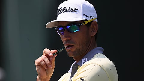 In this Feb. 23, 2020, file photo, Rafa Cabrera Bello of Spain gestures at the first green during the final round for the WGC-Mexico Championship golf tournament in Mexico City. Cabrera Bello has been staying in Florida since golf was shut down a month ago.