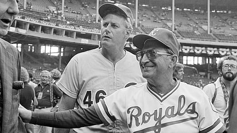 Phillies manager Dallas Green and Royals manager Jim Frey go over the ground rules before the 1981 All-Star Game in Cleveland