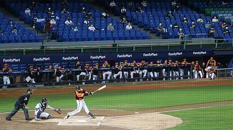 A baseball game between Uni-President Lions and Fubon Guardians with 1,000 fans allowed at Xinzhuang Baseball Stadium in New Taipei City, Taiwan, Friday, May 8, 2020. Up to 1,000 spectators are now allowed in the stands for baseball in Taiwan on Friday, albeit spaced far apart as a safeguard against the spread of the coronavirus, but they are still barred from bringing in food and concession stands are still closed. (AP Photo/Chiang Ying-ying)