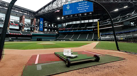 A home plate perspective gives a view of Globe Life Field, the newly-built home of the Texas Rangers, in Arlington, Texas, Wednesday, May 20, 2020. The park that was supposed to have its home opener on March 31 against the Los Angeles Angels has yet to see one game played in it this season amid the coronavirus pandemic.