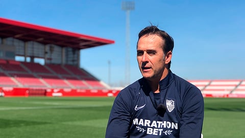 In this Monday, March 9, 2020, Sevilla's head coach Julen Lopetegui speaks during an interview at the sport center of Sevilla, in Seville, Spain. The Seville derby between fierce southern rivals Sevilla and Real Betis will be the match kickstarting the Spanish league's first division this week after a wait of nearly three months due to the coronavirus pandemic.