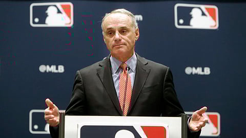 In this Nov. 21, 2019, file photo, baseball commissioner Rob Manfred speaks to the media at the owners meeting in Arlington, Texas. The chance that there will be no Major League Baseball season increased substantially Monday, June 15, 2020, when the commissioner's office told the players' association it will not proceed with a schedule unless the union waives its right to claim management violated a March agreement between the feuding sides.