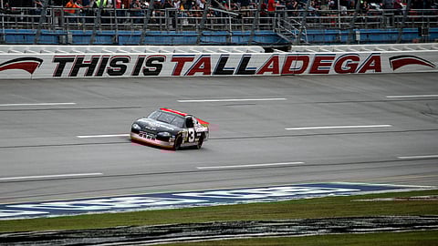 In this Oct. 13, 2019 file photo, the No. 3 car of the late NASCAR driver Dale Earnhardt Sr., driven by Richard Childress, takes a lap before a NASCAR Cup Series auto race at Talladega Superspeedway in Talladega, Ala. NASCAR's return to racing next shifts to Talladega Superspeedway in Alabama, with a new rules package altered after Ryan Newman's frightful crash in the season-opening Daytona 500.