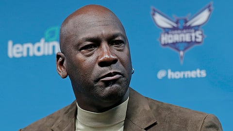 In this Feb. 12, 2019, file photo, Charlotte Hornets owner Michael Jordan speaks to the media about hosting the NBA All-Star basketball game during a news conference in Charlotte, N.C.