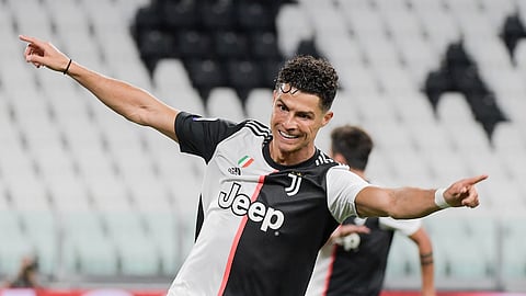 Cristiano Ronaldo, playing today for Portugal, celebrates after scoring during an Italian Serie A soccer match between Juventus and Lazio  in July.
