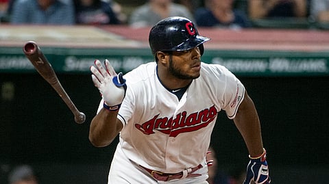 In this Sept. 22, 2019, file photo, Cleveland Indians' Yasiel Puig watches his three-run double off of Philadelphia Phillies relief pitcher Cole Irvin during the seventh inning of a baseball game in Cleveland. The free agent outfielder and the Atlanta Braves have agreed to a one-year deal, a person with knowledge of the deal said Tuesday, July 14, 2020.