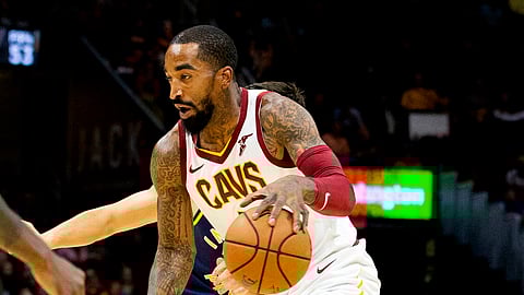 In this Oct. 8, 2018, file photo, Cleveland Cavaliers guard J.R. Smith dribbles to the basket during the first quarter of a preseason NBA basketball game against the Indiana Pacers in Cleveland. J.R. Smith has joined LeBron James and the Los Angeles Lakers for their championship push. The Lakers announced their long-anticipated signing of Smith as a substitute player on Wednesday, July 1, 2020, the first day allowed under the rules of the NBA's summer restart.