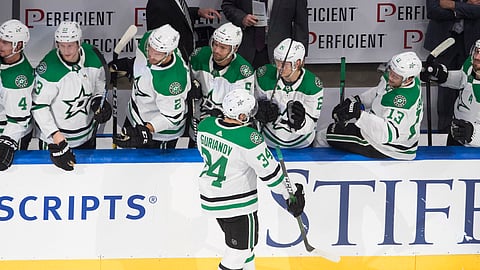 Dallas Stars' Denis Gurianov (34) is congratulated for his goal against the St. Louis Blues during the shootout in an NHL hockey playoff game Sunday, Aug. 9, 2020, in Edmonton, Alberta.
