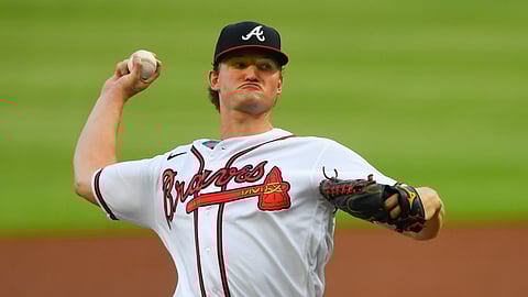 Atlanta Braves' Mike Soroka throws a pitch during the second inning of the baseball team's home-opener, against the Tampa Bay Rays on Wednesday, July 29, 2020 in Atlanta.