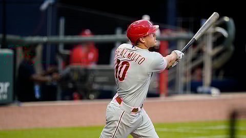 Philadelphia Phillies' J.T. Realmuto (10) hits a solo home run during the third inning of a baseball game against the Atlanta Braves, Sunday, Aug. 23, 2020, in Atlanta.