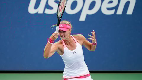 Kristina Mladenovic, of France, returns a shot to Varvara Gracheva, of Russia, during the second round of the US Open tennis championships, Wednesday, Sept. 2, 2020, in New York.
