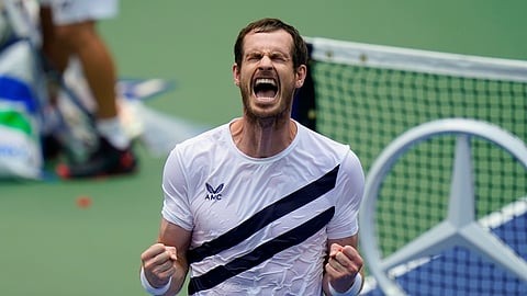 Andy Murray, of Great Britain, reacts after defeating Yoshihito Nishioka, of Japan, during the first round of the US Open tennis championships, Tuesday, Sept. 1, 2020, in New York.