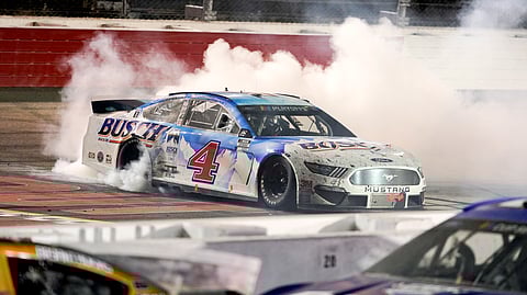 Kevin Harvick (4) celebrates a win at the NASCAR Cup Series auto race, Sunday, Sept. 6, 2020, in Darlington, S.C.
