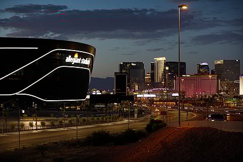 Lights adorn Allegiant Stadium, new home of the Las Vegas Raiders football team, as it nears completion Wednesday, July 22, 2020, in Las Vegas. The stadium will also serve as the home for the UNLV football team.
