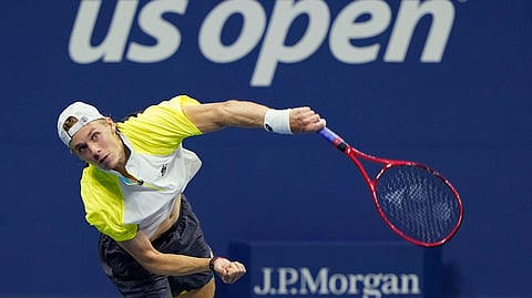 Denis Shapovalov, of Canada, serves to David Goffin, of Belgium, during the fourth round of the US Open tennis championships, Sunday, Sept. 6, 2020, in New York.