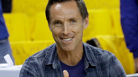 Steve Nash gestures before Game 5 of basketball's NBA Finals between the Golden State Warriors and the Cleveland Cavaliers in Oakland, Calif., Monday, June 12, 2017. The Brooklyn Nets hired Steve Nash as their coach Thursday, Sept. 3, 2020.