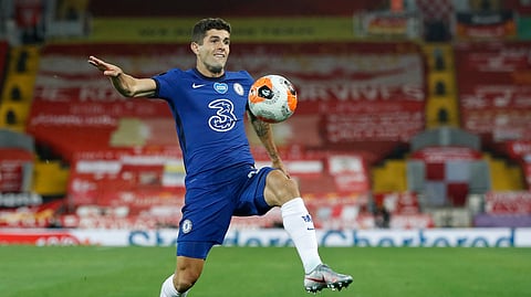 FILE - In this Wednesday, July 22, 2020 file photo, Chelsea's Christian Pulisic controls the ball during the English Premier League soccer match between Liverpool and Chelsea at Anfield Stadium in Liverpool, England. Frank Lampard’s squad has certainly seen the most intriguing changes ahead of the new campaign - having been banned from signing players last summer, they have looked to make up for lost time and recruited some big names to replace long-term servants such as Pedro and Willian.