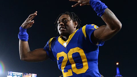 FILE - Los Angeles Rams cornerback Jalen Ramsey celebrates the team's win over the Chicago Bears in an NFL football game Sunday, Nov. 17, 2019 in Los Angeles. Jalen Ramsey will become the highest-paid defensive back in NFL history after agreeing to a five-year, $105 million contract extension with the Rams. The extension announced Wednesday, Sept. 9, 2020, includes $71.2 million, the most guaranteed money ever given to a defensive back, according to Ramsey's agent, David Mulugheta.