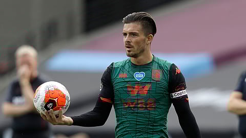FILE - In this file photo dated Sunday, July 26, 2020, Aston Villa's Jack Grealish, during their English Premier League soccer match against West Ham United at the London Stadium in London Grealish was included in England's squad on Monday Aug. 31, 2020, for the first time ahead of UEFA Nations League matches against Iceland and Denmark.