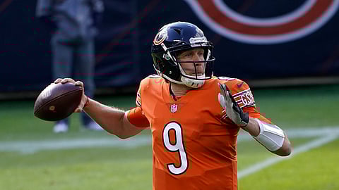 Chicago Bears quarterback Nick Foles (9) throws during the first half of an NFL football game against the Indianapolis Colts, Sunday, Oct. 4, 2020, in Chicago.