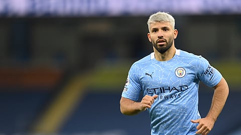 Manchester City's Sergio Aguero runs during the English Premier League soccer match between Manchester City and Arsenal at the Etihad stadium in Manchester, England, Saturday, Oct. 17, 2020.