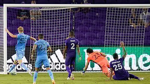 New York City FC midfielder Keaton Parks, far left, score a goal against Orlando City during the first half of an MLS soccer match, Wednesday, Oct. 14, 2020, in Orlando, Fla.