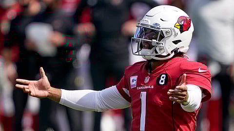 Arizona Cardinals quarterback Kyler Murray gestures during the first half of an NFL football game against the Carolina Panthers Sunday, Oct. 4, 2020, in Charlotte, N.C.