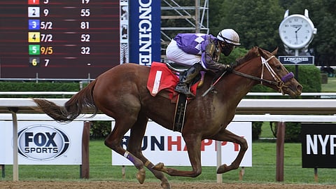 Stimulus Check, shown here running at Saratoga in August, 2020, is Garrity's pick to win today's $100,000 Joseph A. Gimma Stakes at Belmont