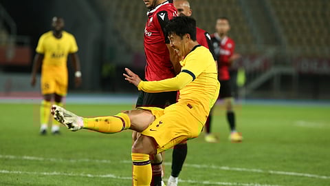 Tottenham's Son Heung-min, scores the second goal of his team during a Europa League third qualifying round soccer match between Shkendija and Tottenham at the National Arena Todor Proeski in Skopje, North Macedonia, Thursday, Sept. 24, 2020.