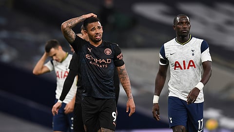 Manchester City's Gabriel Jesus gestures end of the English Premier League soccer match between Tottenham Hotspur and Manchester City at Tottenham Hotspur Stadium in London, England, Saturday, Nov. 21, 2020.