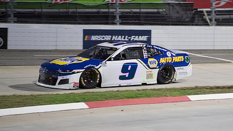Chase Elliott (9) drives during final laps during a NASCAR Cup Series auto race at the Martinsville Speedway in Martinsville, Va., Sunday, Nov.1, 2020.