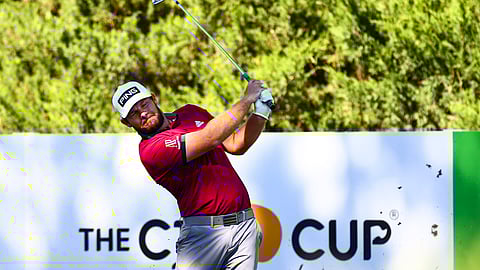 Tyrrell Hatton tees off at the fifth hole during the first round of the CJ Cup golf tournament at Shadow Creek Golf Course, Thursday, Oct. 15, 2020, in North Las Vegas.