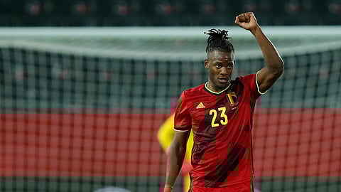 Belgium's Michy Batshuayi jubilates after scoring his sides second goal during an international friendly soccer match between Belgium and Switzerland at the King Power stadium in Leuven, Belgium, Wednesday, Nov. 11, 2020.