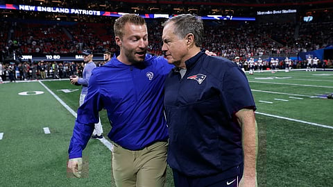 FILE - Los Angeles Rams head coach Sean McVay, left, and New England Patriots head coach Bill Belichick speak before the NFL Super Bowl 53 football game in Atlanta, in this Sunday, Feb. 3, 2019, file photo. Their teams meet again tonight.