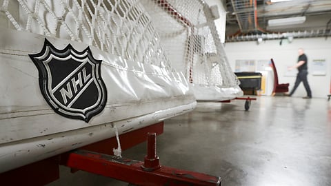 In this March 12, 2020, file photo, goals used by the NHL hockey club Nashville Predators are stored in a hallway in Bridgestone Arena in Nashville, Tenn.