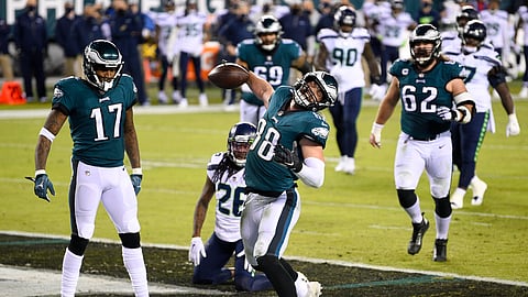 Eagles tight end Dallas Goedert celebrates his touchdown catch Monday against the Seahawks