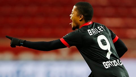 Leverkusen's Leon Bailey celebrates scoring during the Bundesliga soccer match between Bayer Leverkusen v TSG 1899 Hoffenheim in the BayArena, Leverkusen, Germany, Sunday Dec. 13, 2020.