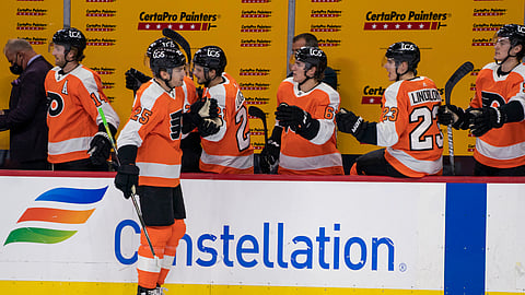 Philadelphia Flyers' James van Riemsdyk celebrates his goal with teammates during the first period of an NHL hockey game against the Pittsburgh Penguins, Wednesday, Jan. 13, 2021, in Philadelphia.