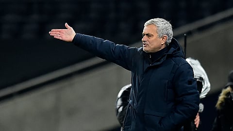 Tottenham's manager Jose Mourinho gives instructions to his players during the English Premier League soccer match between Tottenham Hotspur and Fulham at the Tottenham Hotspur Stadium in London, Wednesday, Jan. 13, 2021.