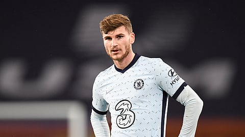 Chelsea's Timo Werner reacts during the English Premier League soccer match between Everton and Chelsea at Goodison Park in Liverpool, England, Saturday, Dec. 12, 2020.