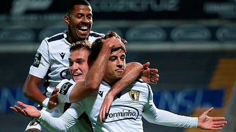 Famalicao celebrates a win over Paços de Ferreira. They're going to have a tougher time today with Sporting Lisbon.