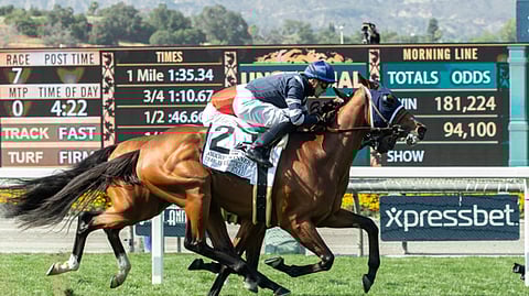 Racing in the sunshine at Santa Anita Park.